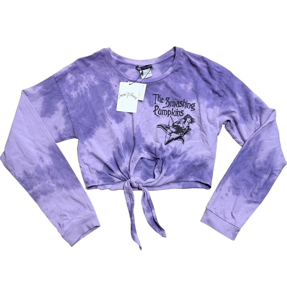 Zara Smashing Pumpkins Purple Tie Dye Cropped Graphic Sweatshirt Medium NWT